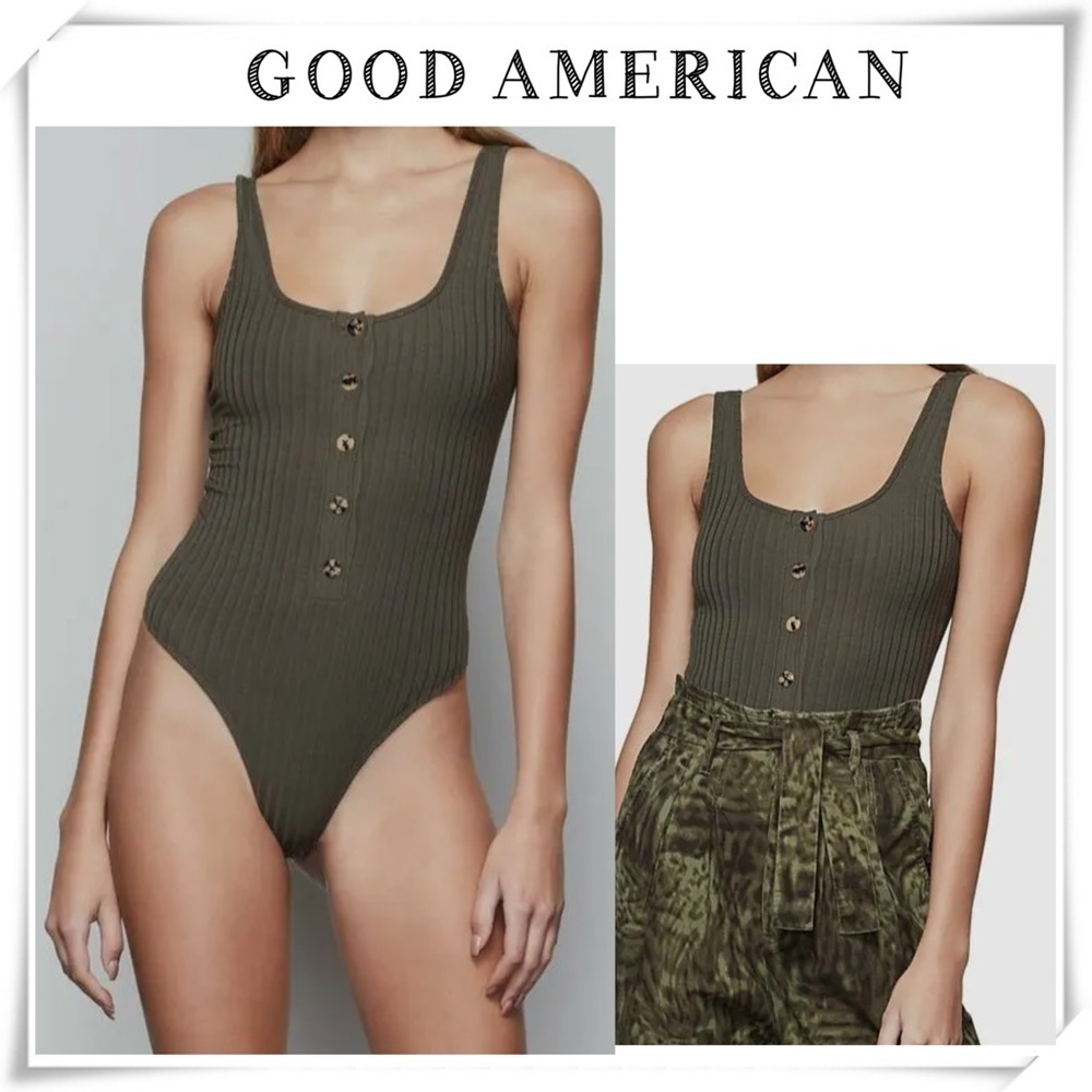 Good American Women's Green Sleeveless Front Button Ribbed Bodysuit Size 3 / L